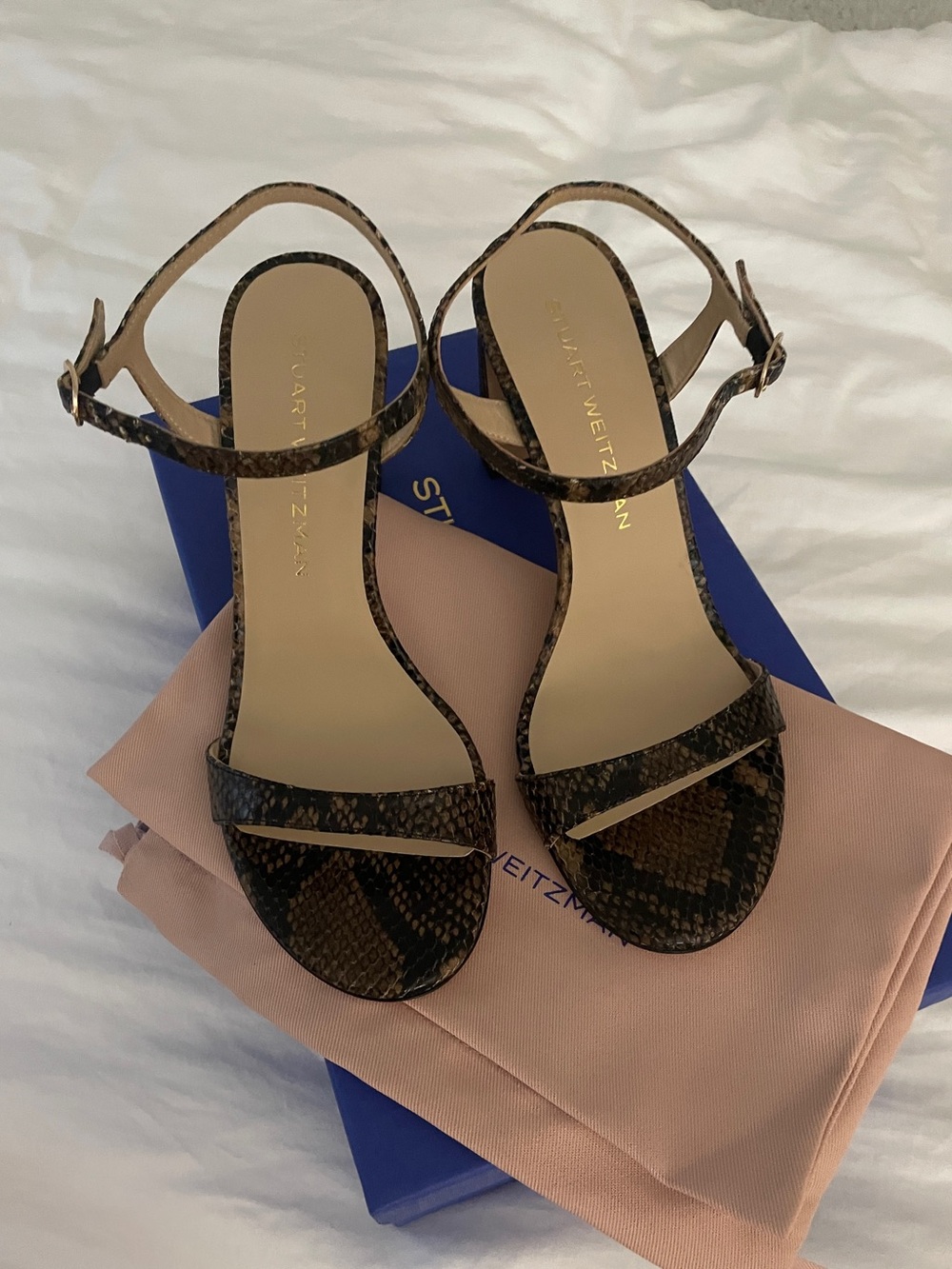 Stuart Weitzman Brown Snake-Print Strappy Ankle Sandals